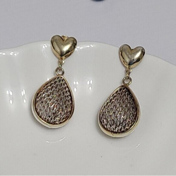 Vintage Sterling Silver Gold Plated Heart  Chunky Mesh Drop Dangle Earrings - Picture 4 of 9